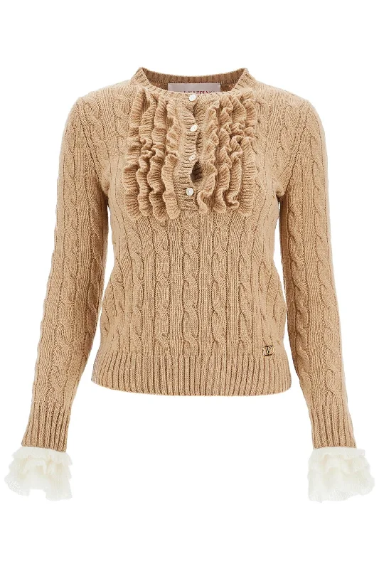 Beige And Ivory Cable Knit Crew Neck Sweater  - Beige Print Jacquard Patchwork