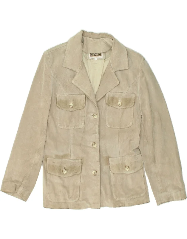 VINTAGE Womens Suede 3 Button Blazer Jacket UK 12 Medium Beige Leather Knit Fabric Woven Fabric Fleece Fabric VINTAGE Womens Suede 3 Button Blazer Jacket UK 12 Medium Beige Leather Knit Fabric Woven Fabric Fleece Fabric