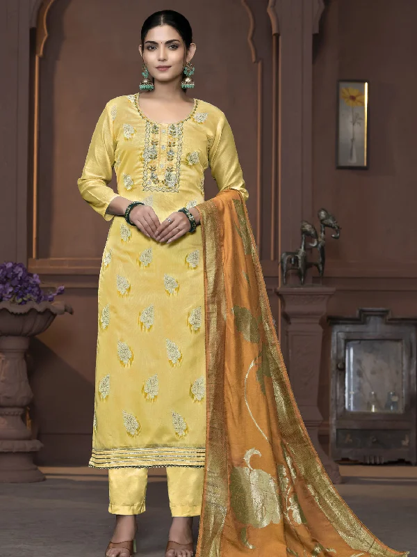 Yellow Designer Readymade Pant Suit With Wevon Design Hand Work Casual Yoga Pants