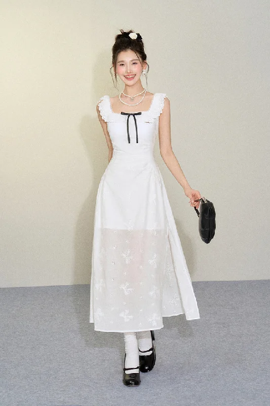 French Style White Bow Hollow Embroidery Square Collar Dress UND0076 Tunics Custom made French Style White Bow Hollow Embroidery Square Collar Dress UND0076 Tunics Custom made