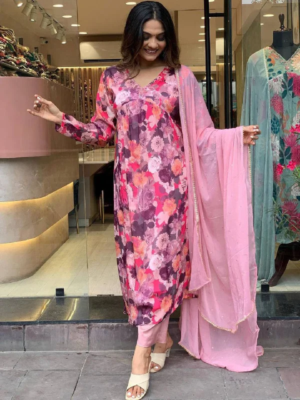 Pink Attractive Looking Readymade Pant Suit With Designer Printed Embroidery Work Trendy Tapered Pants