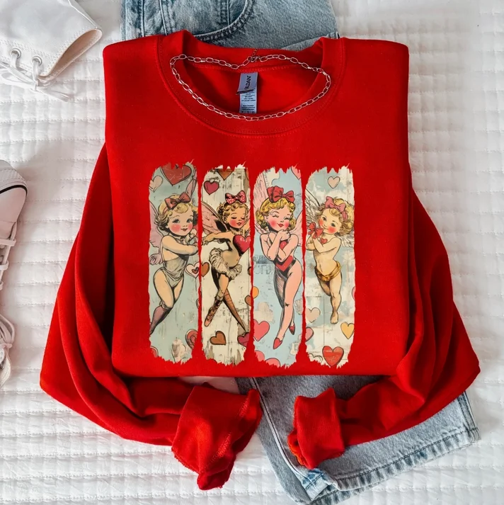 Valentines Vintage Cupid Graphic Sweatshirt Hoodie with Snap Buttons Easy Quick
