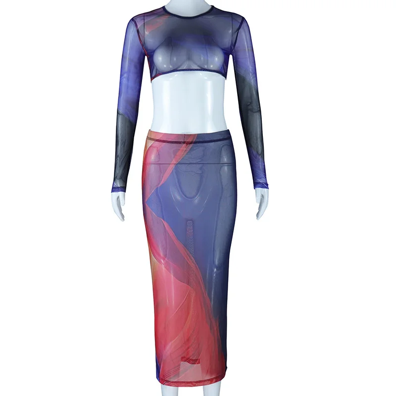 Women Summer Fashion Tie Dye Printed Long Sleeve Backless Top Tight Midi Skirt Set leather skirt bold Women Summer Fashion Tie Dye Printed Long Sleeve Backless Top Tight Midi Skirt Set leather skirt bold