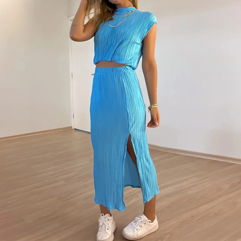 Women Pleated Half High Collar Sleeveless Top And High Waist Slit Mid Length Skirt Two-Piece Set spandex blend skirt