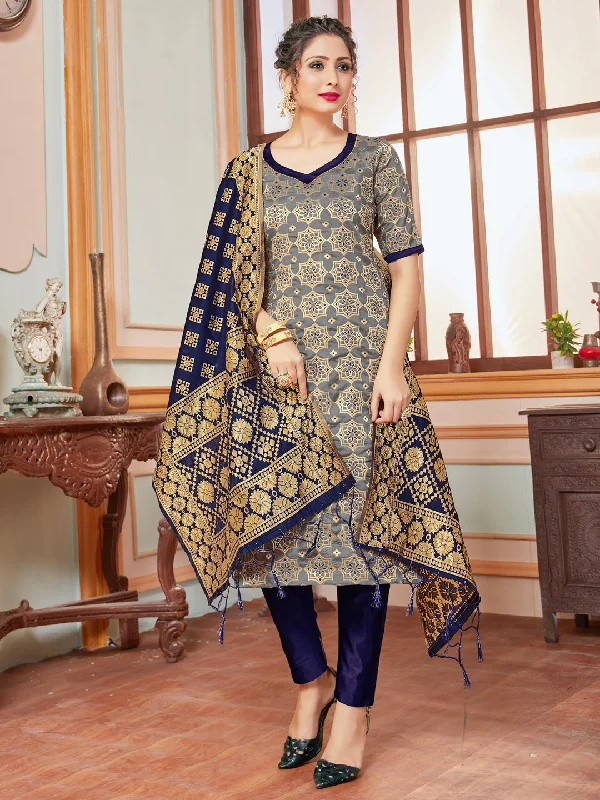 Grey Banarasi Silk Pant Suit With Wevon Design Trendy Palazzo Pants
