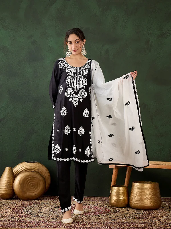 Black Designer Readymade Pant Suit With Chikankari Embroidery Work Casual Wide Pants Black Designer Readymade Pant Suit With Chikankari Embroidery Work Casual Wide Pants