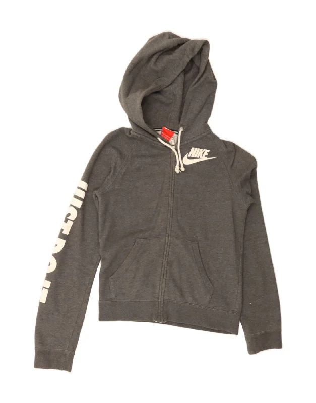 NIKE Womens Graphic Zip Hoodie Sweater UK 6 XS Grey Cotton Mesh Blend Leather Blend Suede Blend