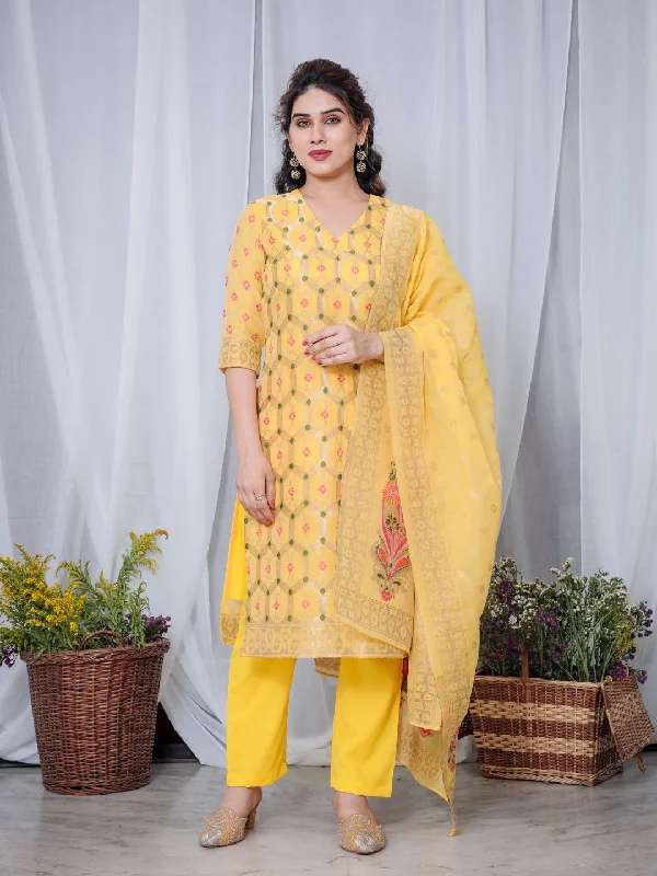 Yellow Designer Readymade Pant Suit With Wevon Design Relaxed Lounge Trousers
