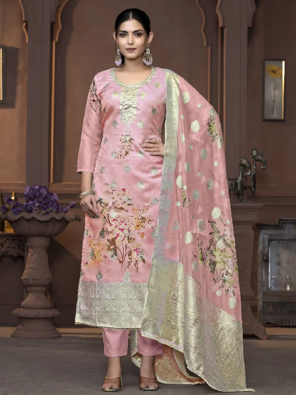 Peach Party Wear Readymade Pant Suit With Wevon Designer Printed Hand Work High-Waist Trousers