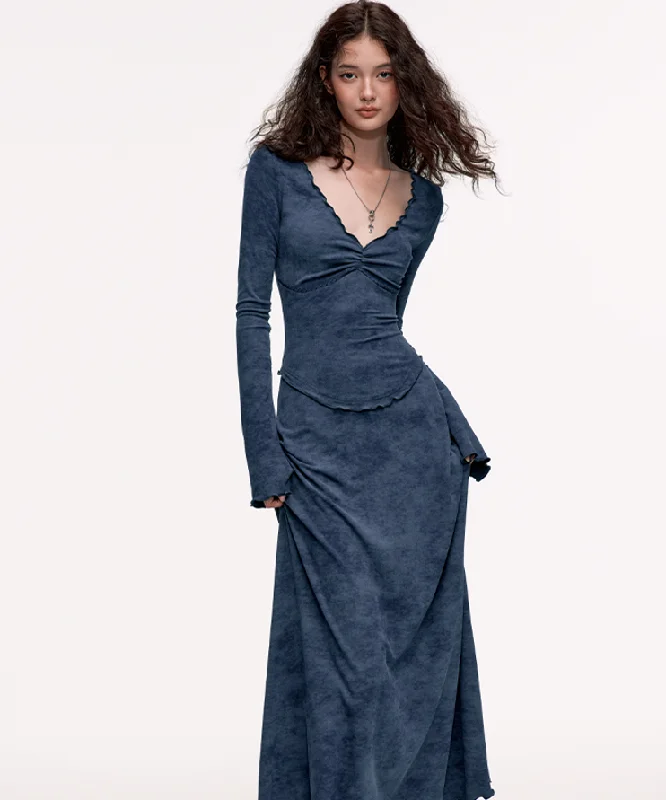 Elegant ruffle design V-neck slim long dress WOO0125 Tunics Summer linen