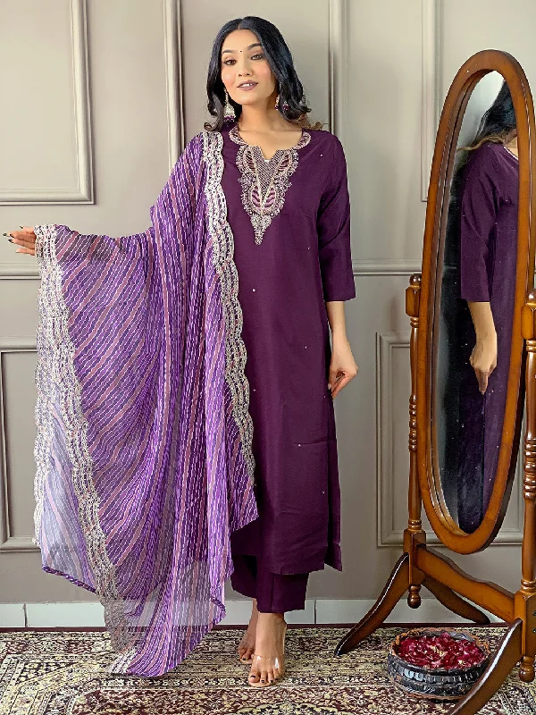 Wine Attractive Looking Pant Suit With Designer Embroidery Printed Work Soft Stretch Trousers