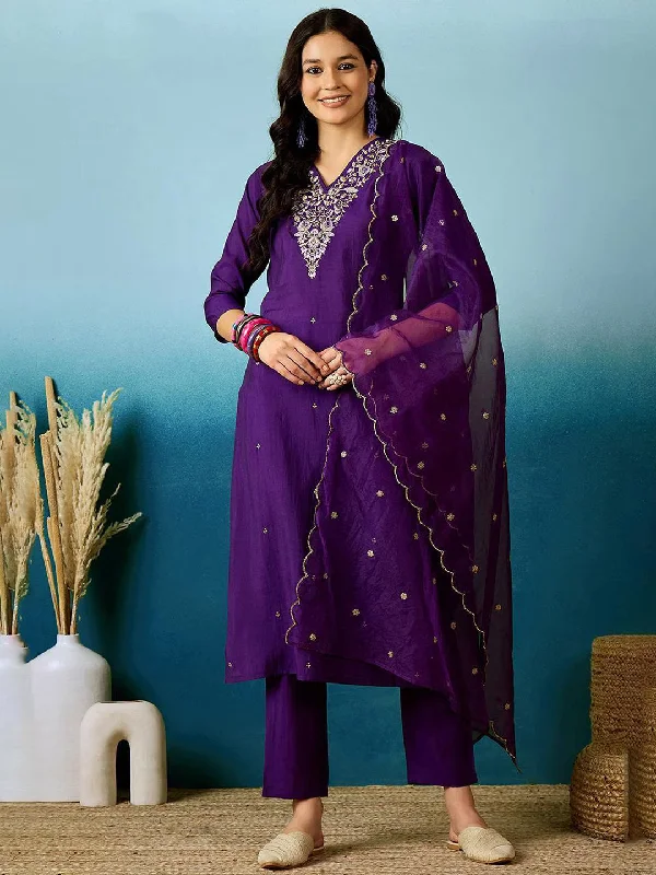 Purple Attractive Readymade Pant Suit Designer Embroidery Work Comfortable Pleated Pants