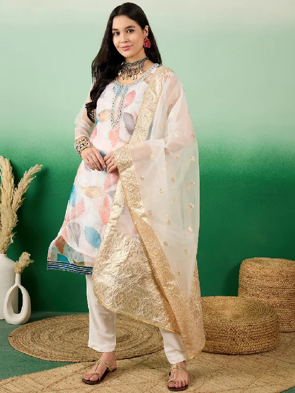 White Designer Readymade Pant Suit With Printed Hand Work High-Waist Yoga Pants