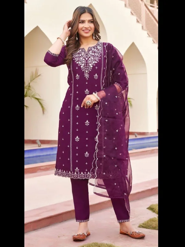 Purple Designer Function Wear Readymade Pant Suit With Embroidery Work Stylish Elastic Waist Pants Purple Designer Function Wear Readymade Pant Suit With Embroidery Work Stylish Elastic Waist Pants