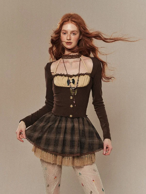 Brown Long Sleeve Slim Waist Short Tutu Dress DIA0214 Tunics Chic fashionable