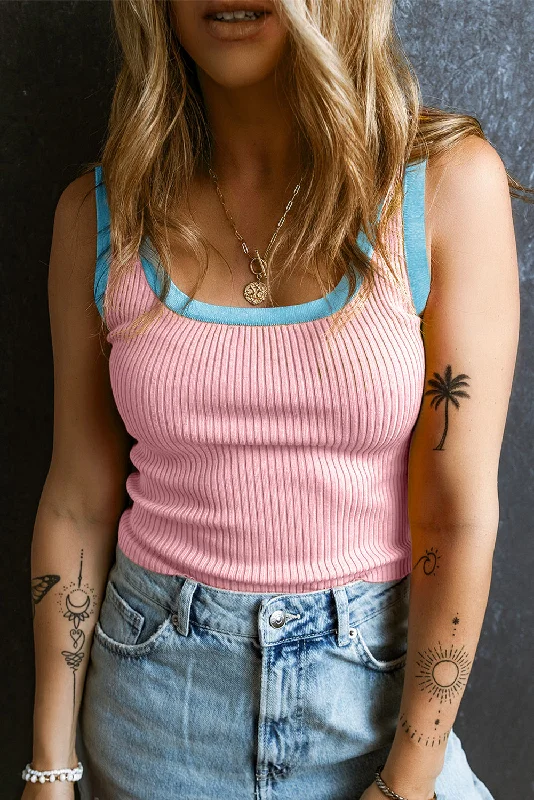 Ribbed Contrast Tank - Light Pink metallic tank top