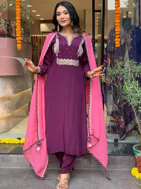 Wine Attractive Readymade Pant Suit With Designer Embroidery Work High-Waist Yoga Pants