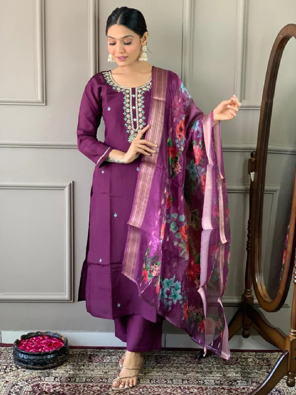 Purple Attractive Looking Readymade Pant Suit With Printed Embroidery Work Slim-Fit Khaki Pants