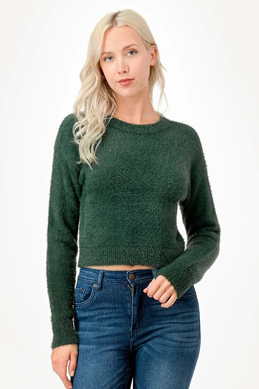 Round Neck Fuzzy Sweater Fitted Slim Tailored