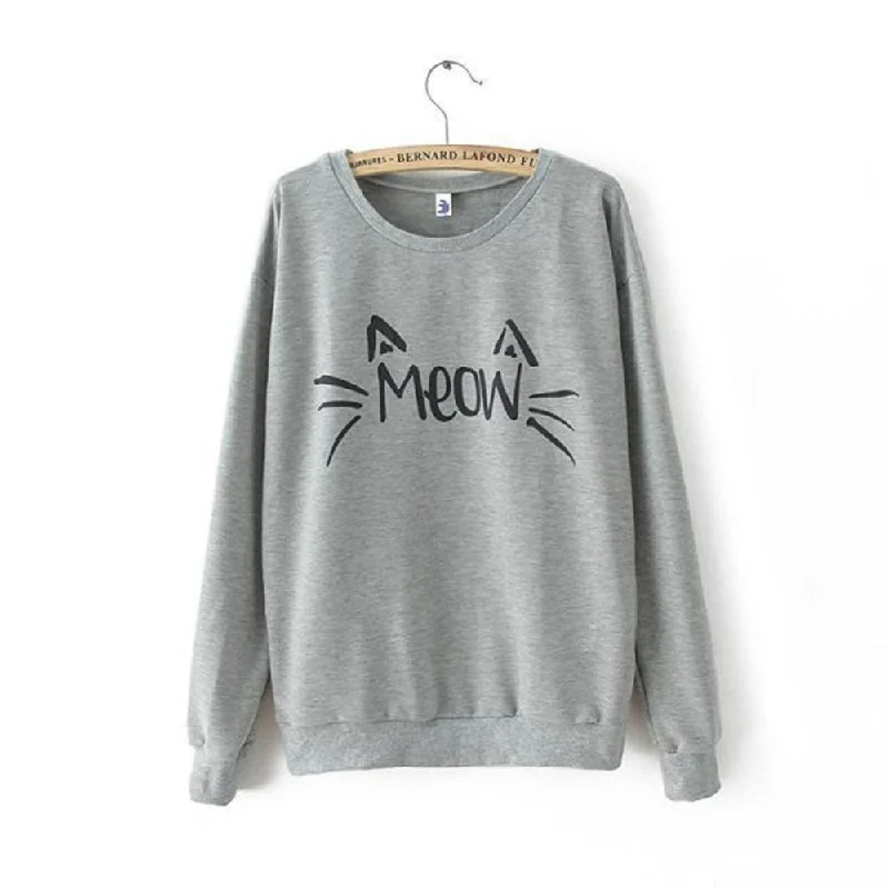 Fashion Women Tops Casual long Sleeve Cat Print Sweatshirt Hoodie with Ribbed Neckline Snug Warm