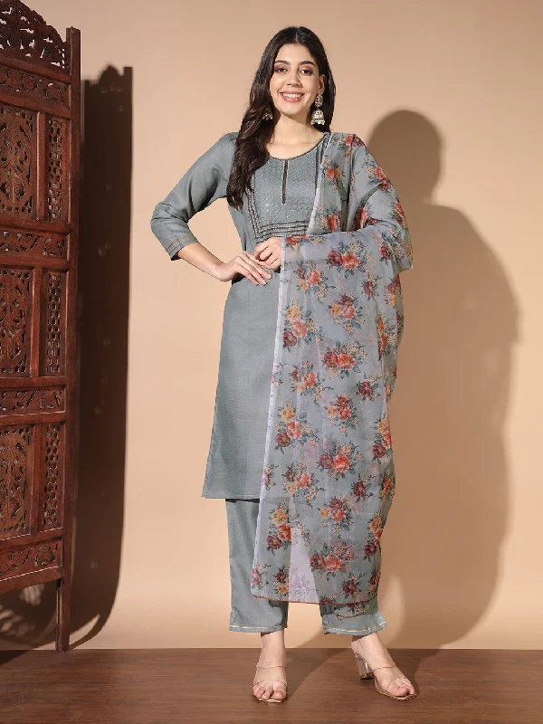 Grey Trendy Designer Readymade Cotton Pant Suit With Floral Printed Work Chic Wool Trousers Grey Trendy Designer Readymade Cotton Pant Suit With Floral Printed Work Chic Wool Trousers