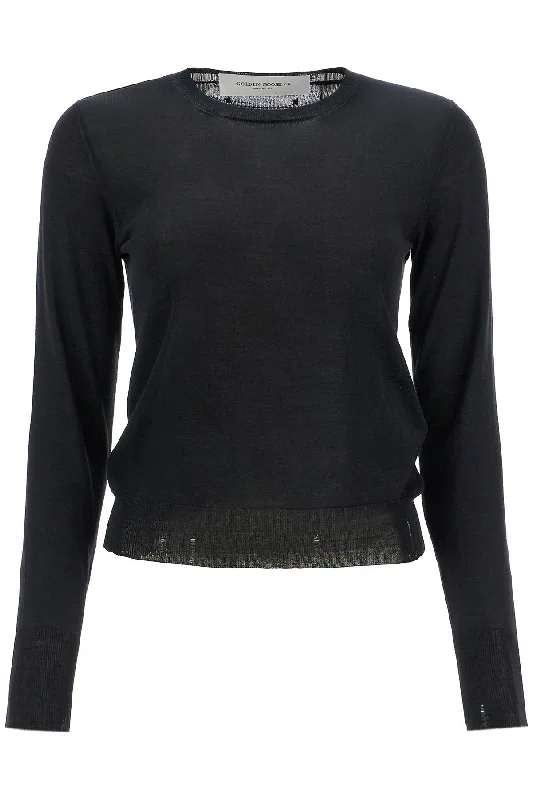Black Merino Wool Sweater With Golden Applications For Women - Black Fleece Fabric Down Fabric Feather Fabric Black Merino Wool Sweater With Golden Applications For Women - Black Fleece Fabric Down Fabric Feather Fabric