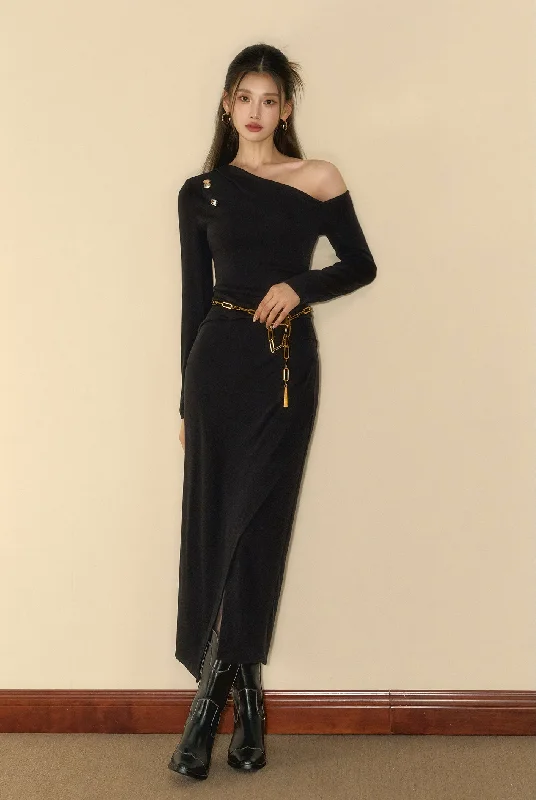 French Black Waist Slim Slanted Shoulder Design Knit Dress OSH0099 Bodycon Club Sequined French Black Waist Slim Slanted Shoulder Design Knit Dress OSH0099 Bodycon Club Sequined