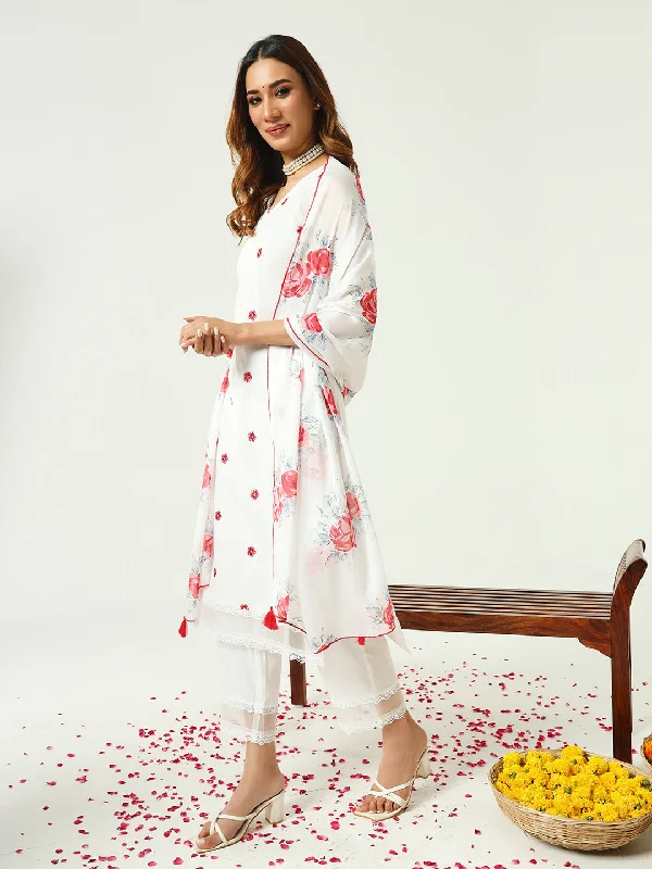 White Designer Readymade Cotton Pant Suit With Designer Printed Work Formal Slim Pants