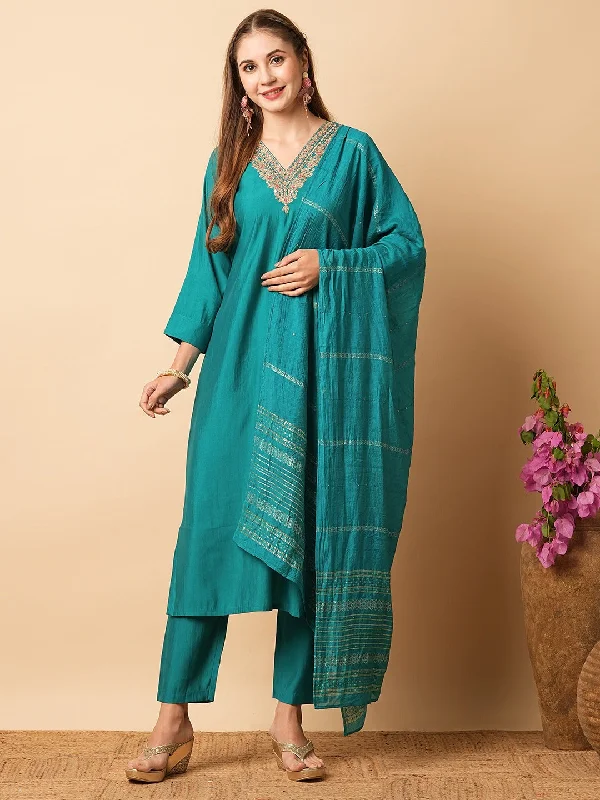 Teal Blue Designer Readymade Pant Suit With Embroidery Printed Work Soft Wool Pants