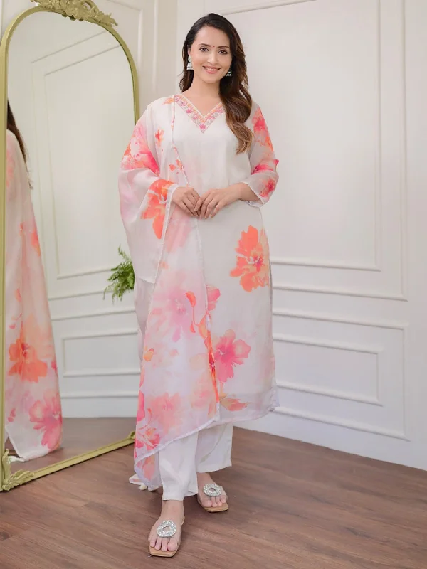 Off White Designer Readymade Pant Suit With Printed Embroidery Work Casual Skinny Fit Pants
