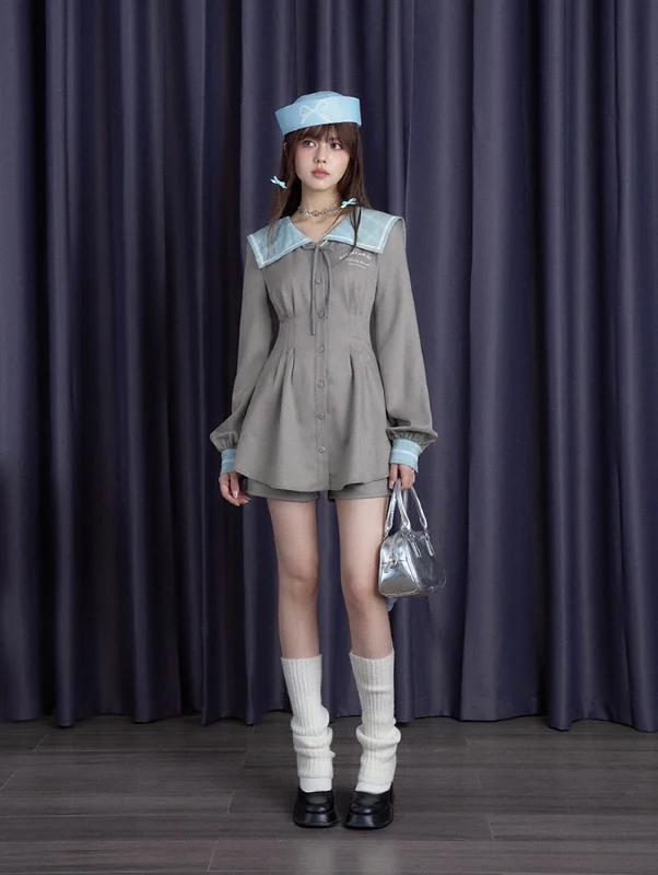 Gray-blue Sailor Collar Waist Dress/Shorts SAG0191 Tunics Handmade artisanal