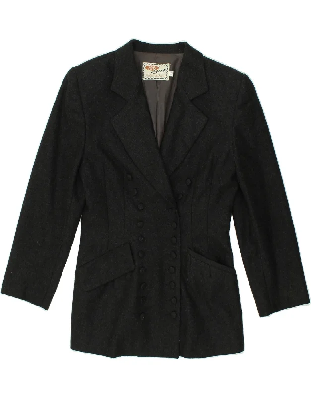 VINTAGE Womens Double Breasted Blazer Jacket IT 42 Medium Grey Wool Denim Fabric Leather Fabric Suede Fabric VINTAGE Womens Double Breasted Blazer Jacket IT 42 Medium Grey Wool Denim Fabric Leather Fabric Suede Fabric