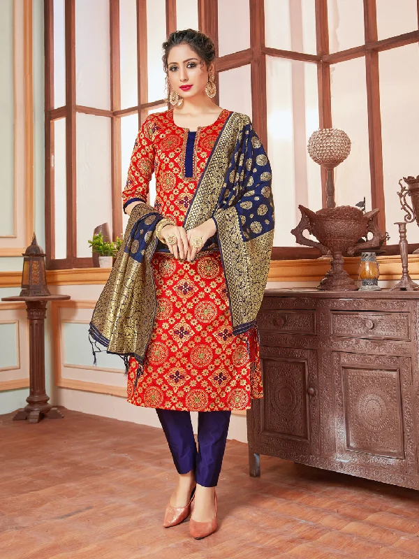 Red Banarasi Silk Pant Suit With Wevon Design High-Waist Jeans