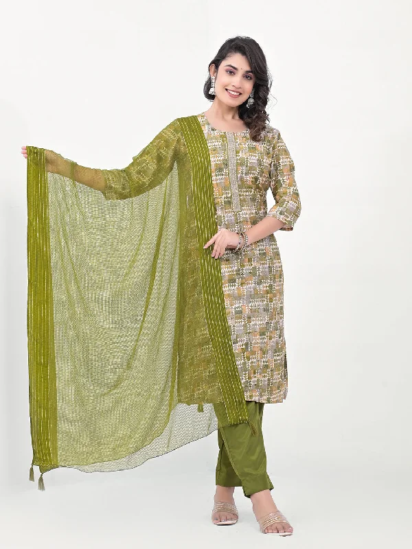 Green Designer Readymade Pant Suit With Printed Embroidery Work Casual Plaid Pants