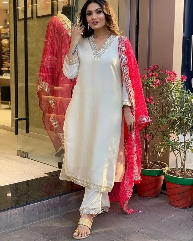Cream Designer Readymade Pant Suit With Embroidery Work Elegant Trouser Pants