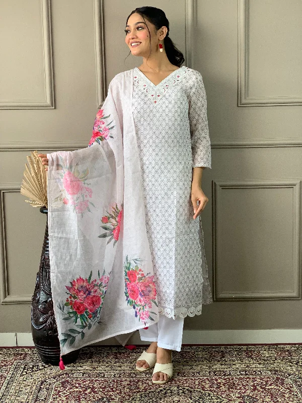 Off White Attractive Looking Pant Suit With Designer Embroidery Printed Work Soft Stretch Trousers