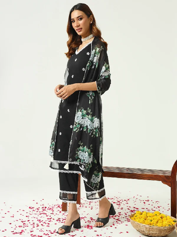 Black Designer Readymade Cotton Pant Suit With Designer Printed Work Classic Stretch Pants