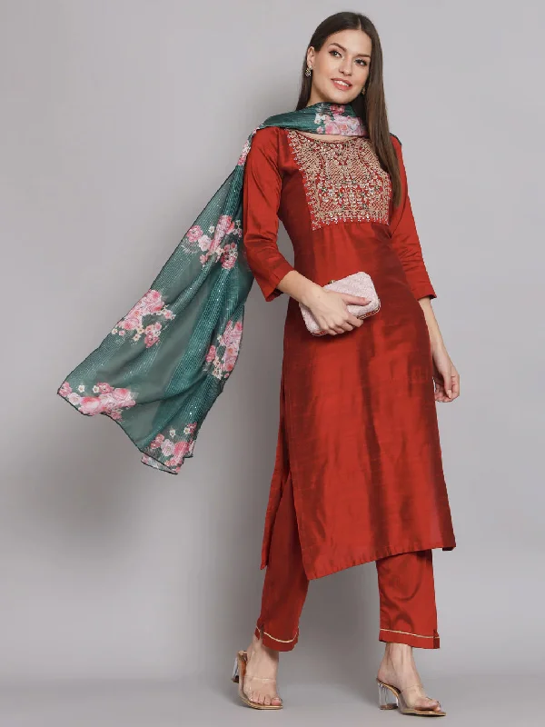 Maroon Trendy Designer Readymade Silk Blend Pant Suit With Embroidery Printed Work Cozy Fitted Pants