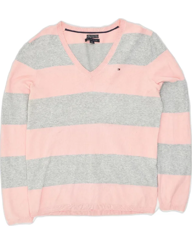 TOMMY HILFIGER Womens V-Neck Jumper Sweater UK 14 Large Pink Striped Fleece Fabric Down Fabric Feather Fabric TOMMY HILFIGER Womens V-Neck Jumper Sweater UK 14 Large Pink Striped Fleece Fabric Down Fabric Feather Fabric