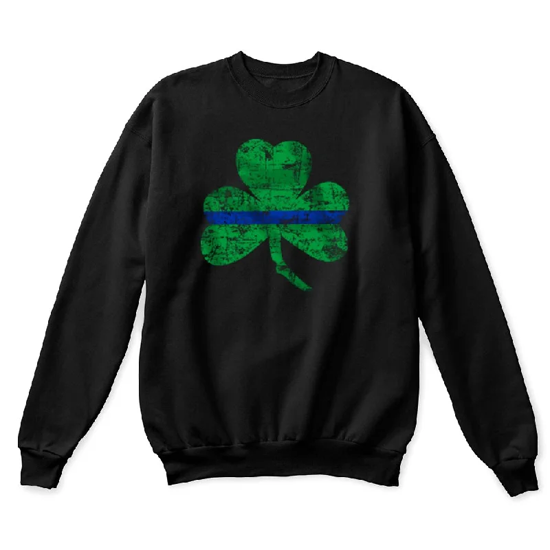 Thin Blue Line St. Patrick's Shamrock Crew Neck Sweatshirt Hoodie with Hidden Zipper Minimalist Clean