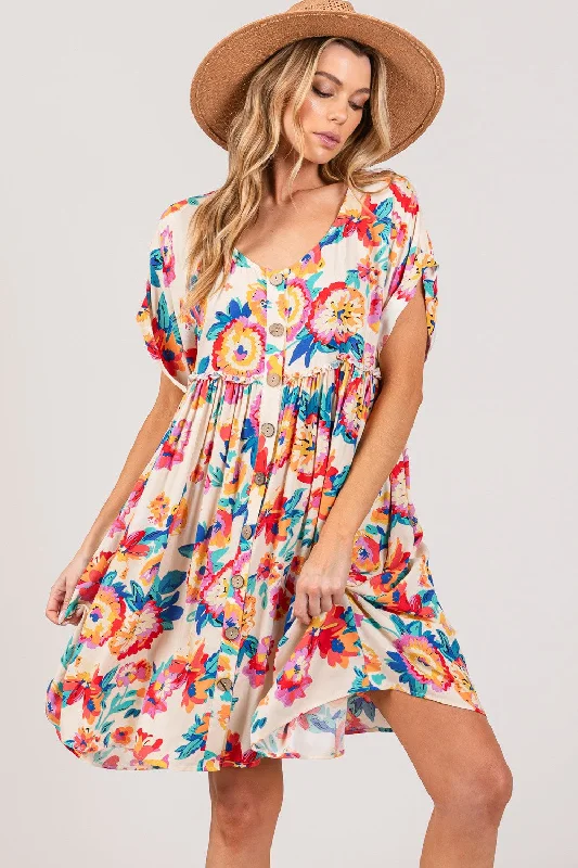 Multi Floral Button Down Lt Weight Dress Tunics Prom sequined