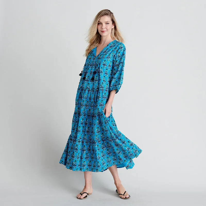 Womens Indira Dress - Azure Posey Block Print Boatneck Modish Everyday