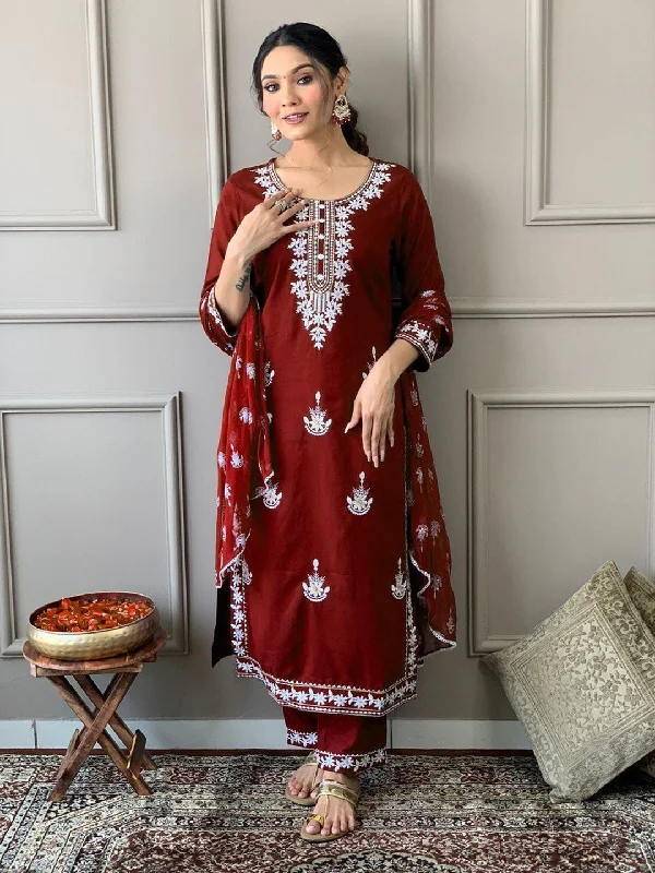 Red Trendy Designer Readymade Pant Suit With Embroidery Work Elegant Wool Trousers