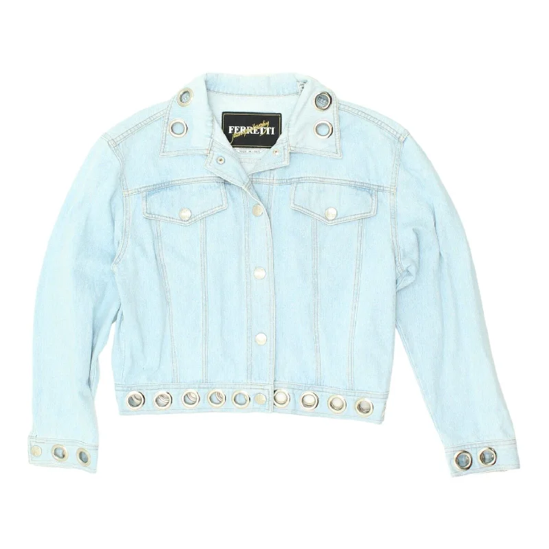 Ferretti Jeans Philosophy Womens Blue Denim Jacket | Vintage High End Designer Fleece Fabric Down Fabric Feather Fabric Ferretti Jeans Philosophy Womens Blue Denim Jacket | Vintage High End Designer Fleece Fabric Down Fabric Feather Fabric