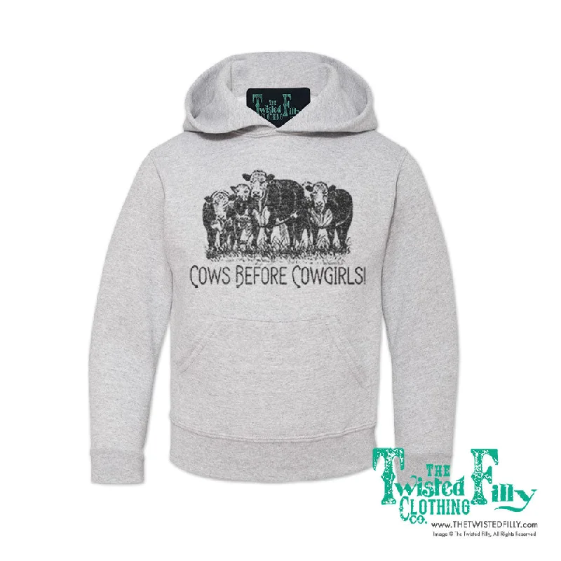 Cows Before Cowgirls - Youth Boys Hoodie - Assorted Colors Hoodie with Distressed Vintage Worn