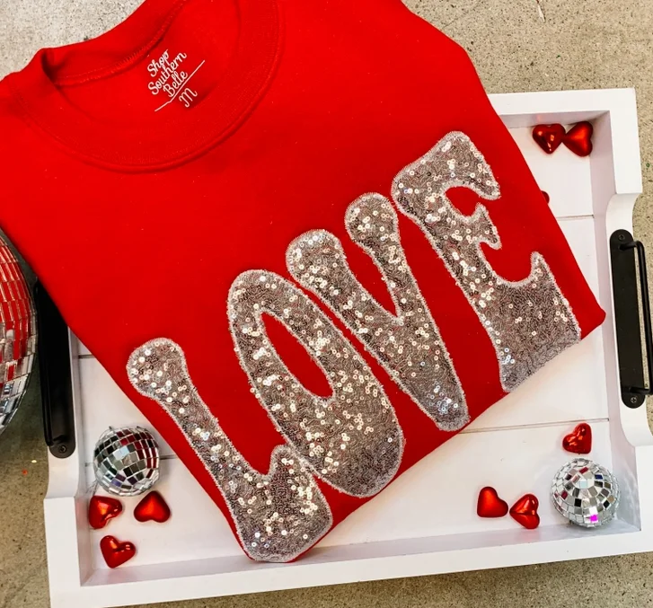 LOVE Sequin Graphic Sweatshirt Hoodie with Set-In Sleeves Structured Classic