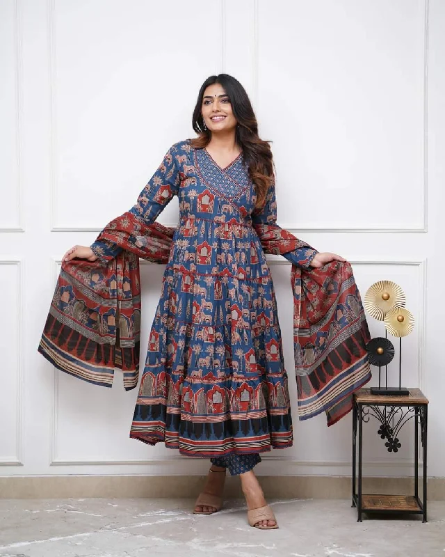Blue Attractive Looking Readymade Pant Suit With Designer Printed Embroidery Work Elegant Dress Pants