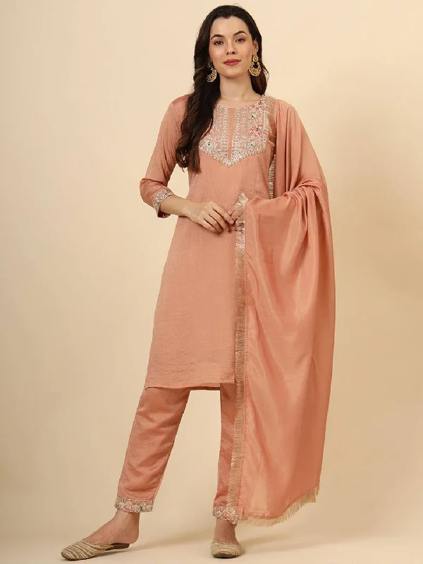 Peach Designer Readymade Pant Suit With Embroidery Work Slim-Fit Leggings
