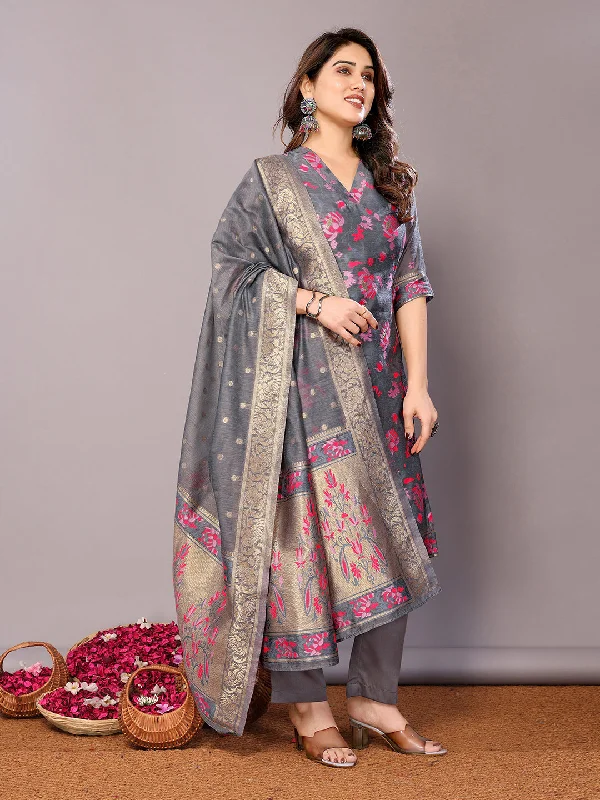 Grey Designer Readymade Pant Suit With Wevon Design Elegant Wool Trousers