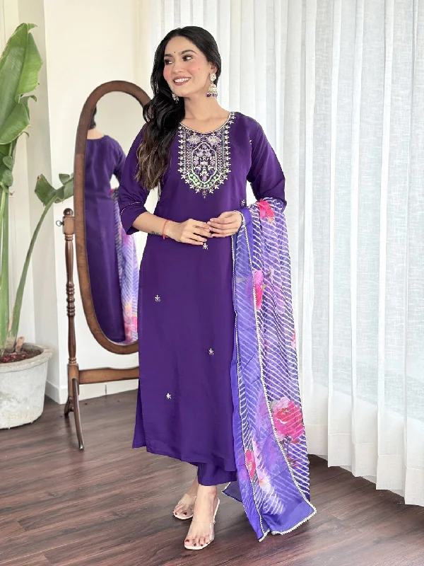 Voilet Attractive Looking Readymade Pant Suit With Embroidery Printed Work Sleek Black Pants